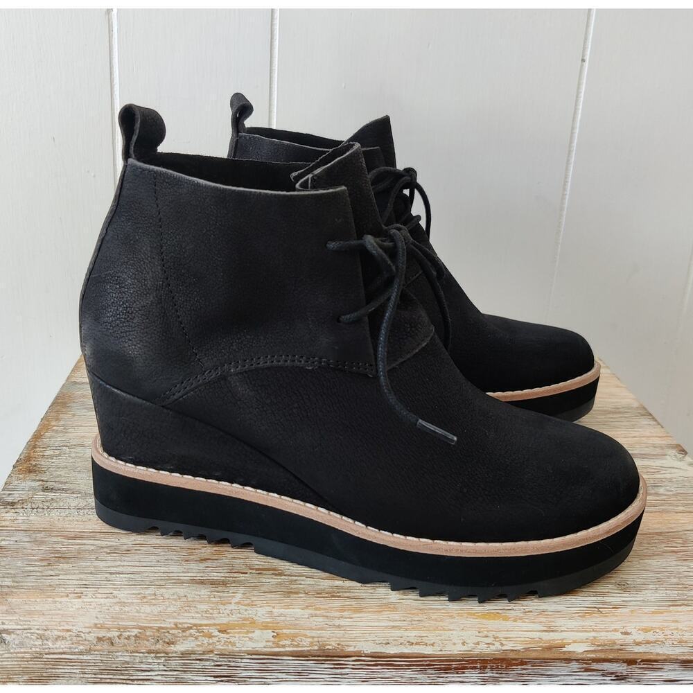 NWOT EILEEN FISHER Capa Wedge Boots Booties Sz 6 M Black Nubuck Leather Lace Up